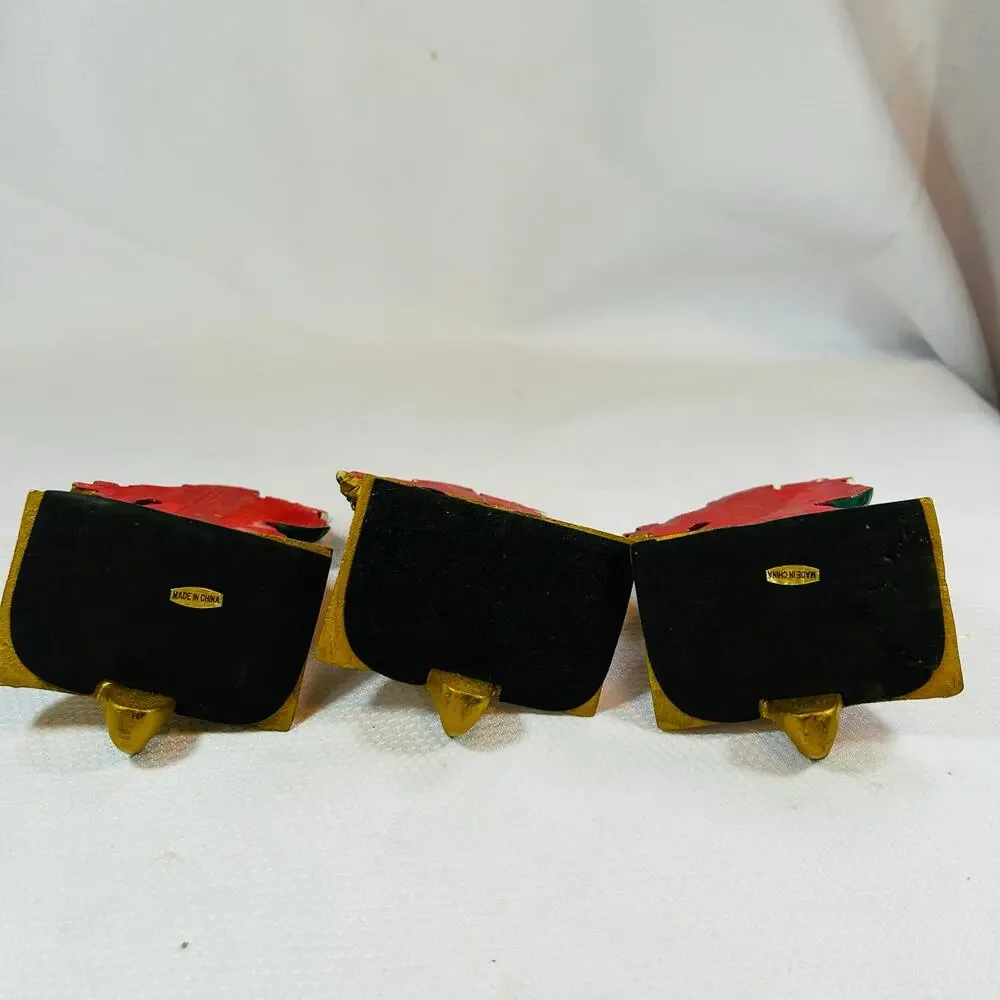 3 Cast Iron Base Hand Painted Santa Stocking Holder Vintage Christmas